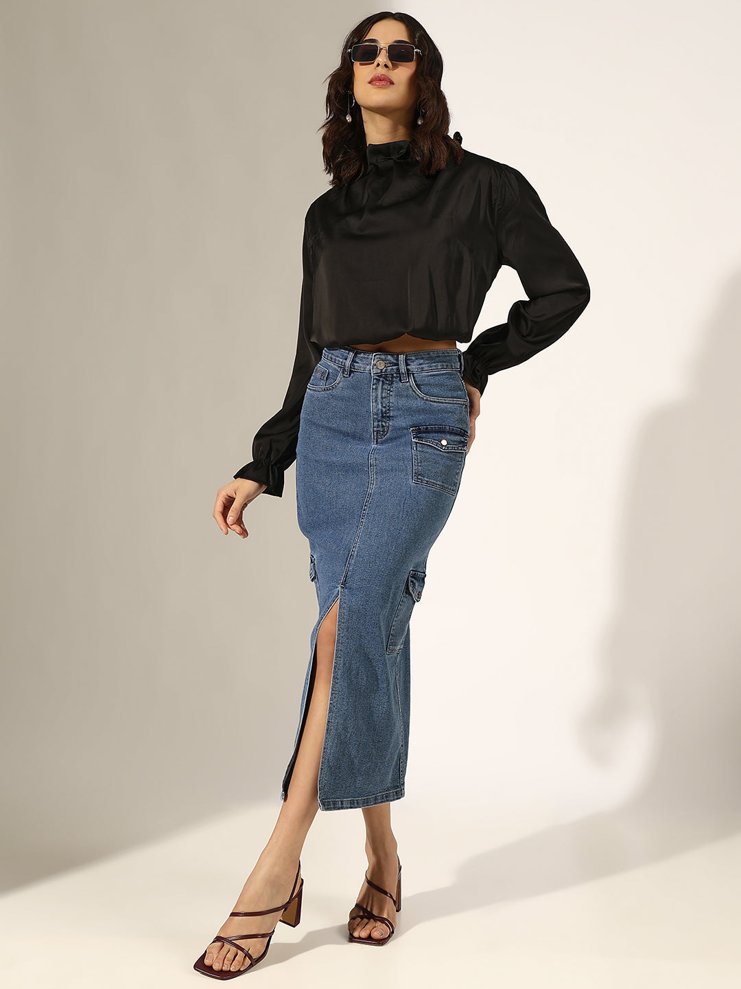 Women's Dark Blue Denim Cargo Midi Skirt with Front Slit