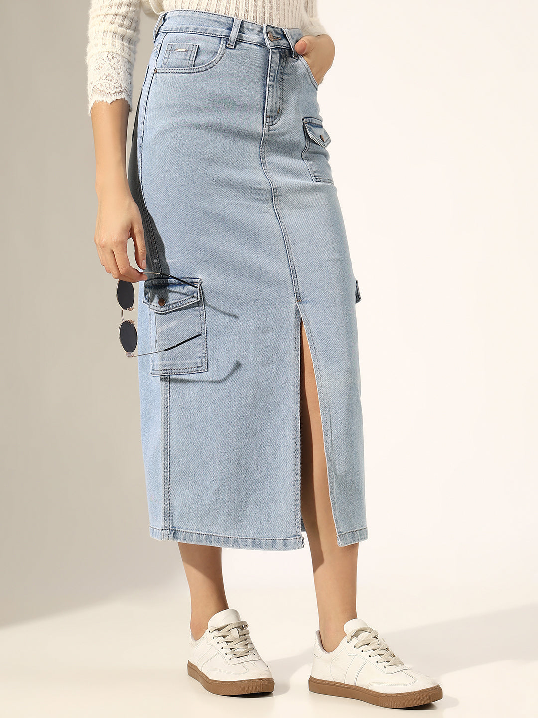 Women's Light Blue Denim Skirt with Cargo Pocket and Front Slit