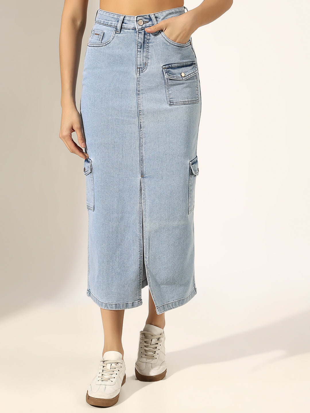 Women's Light Blue Denim Skirt with Cargo Pocket and Front Slit