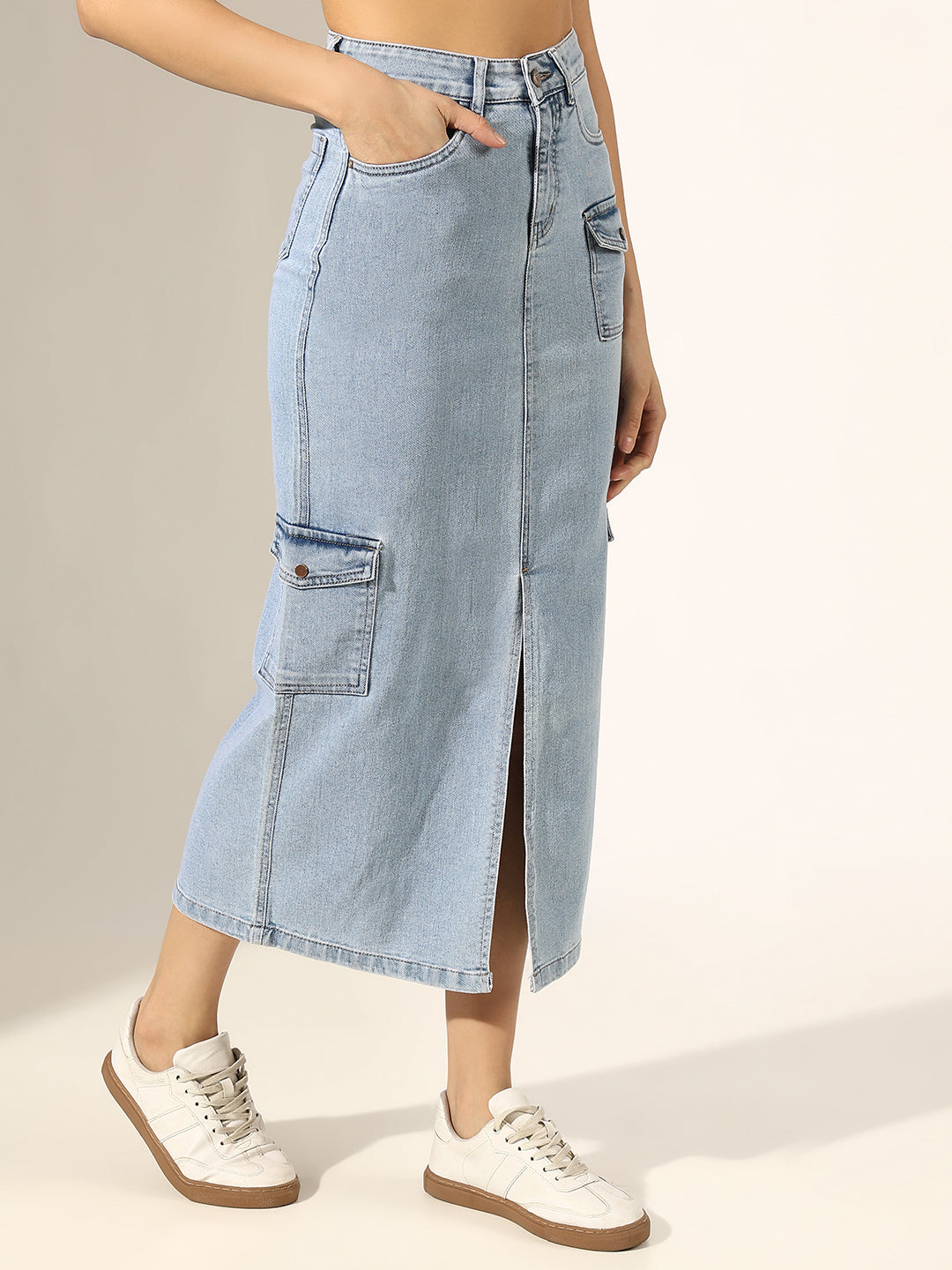 Women's Light Blue Denim Skirt with Cargo Pocket and Front Slit