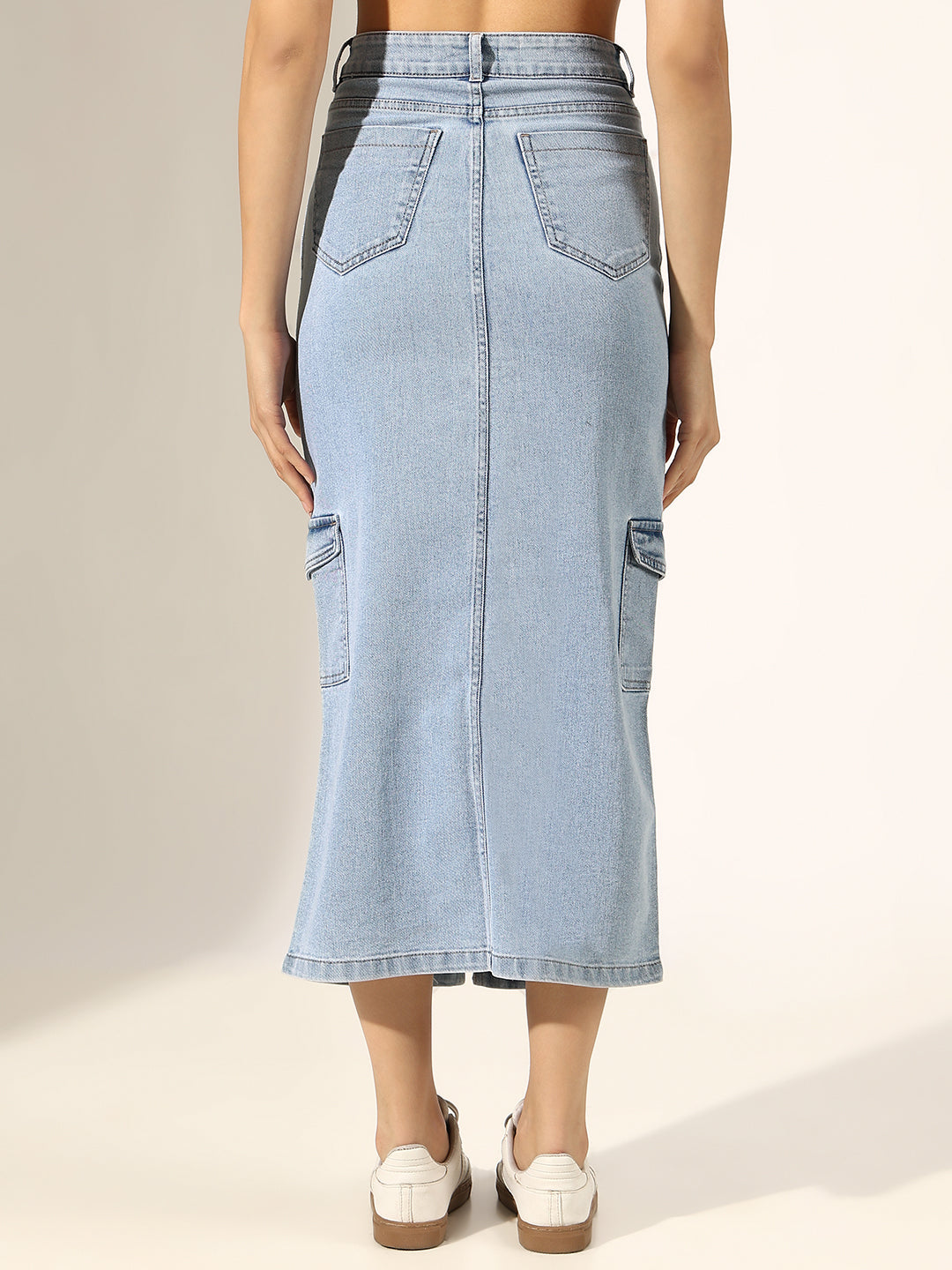 Women's Light Blue Denim Skirt with Cargo Pocket and Front Slit