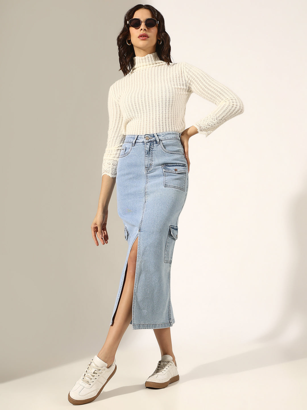 Women's Light Blue Denim Skirt with Cargo Pocket and Front Slit