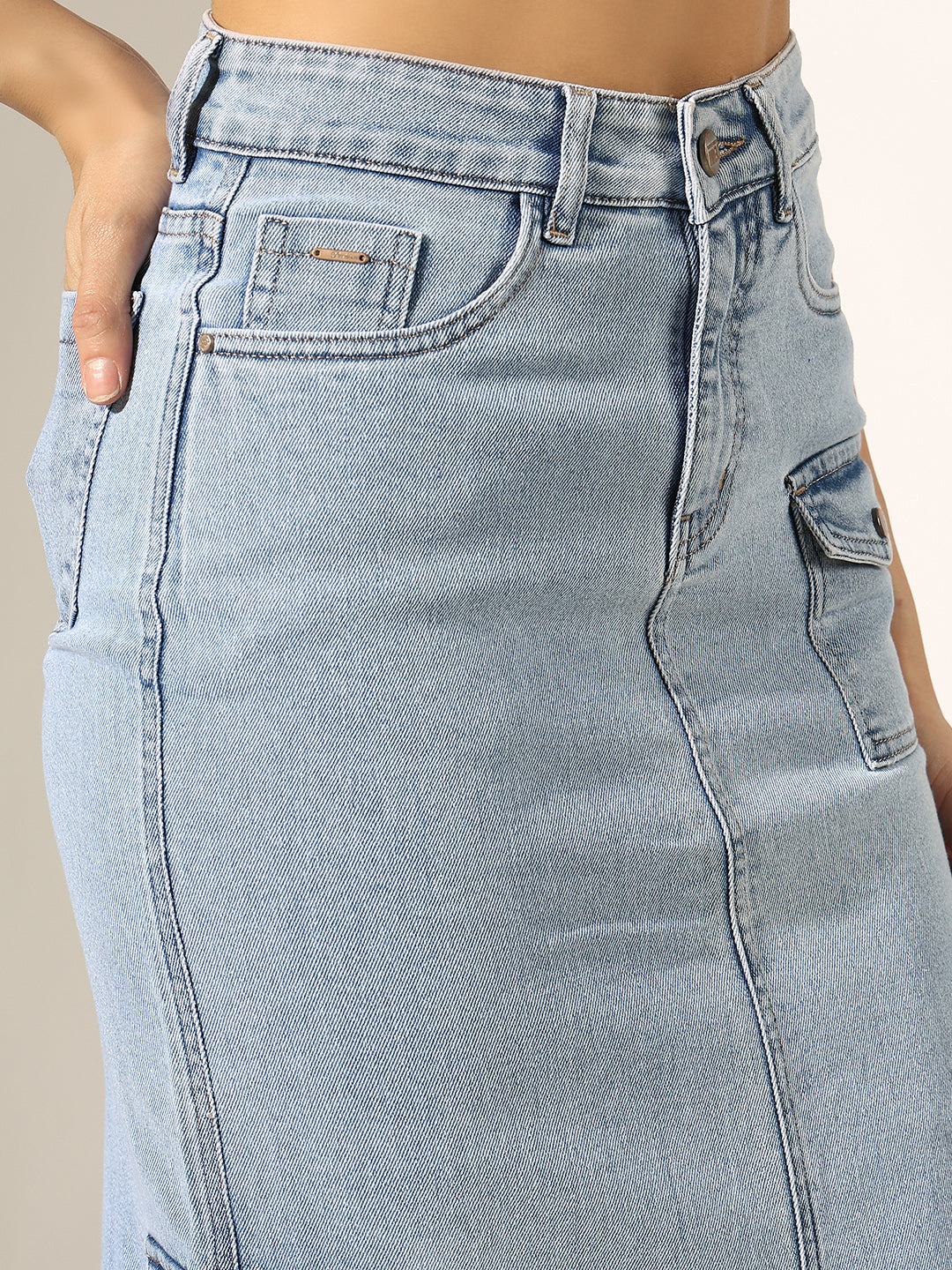 Women's Light Blue Denim Skirt with Cargo Pocket and Front Slit