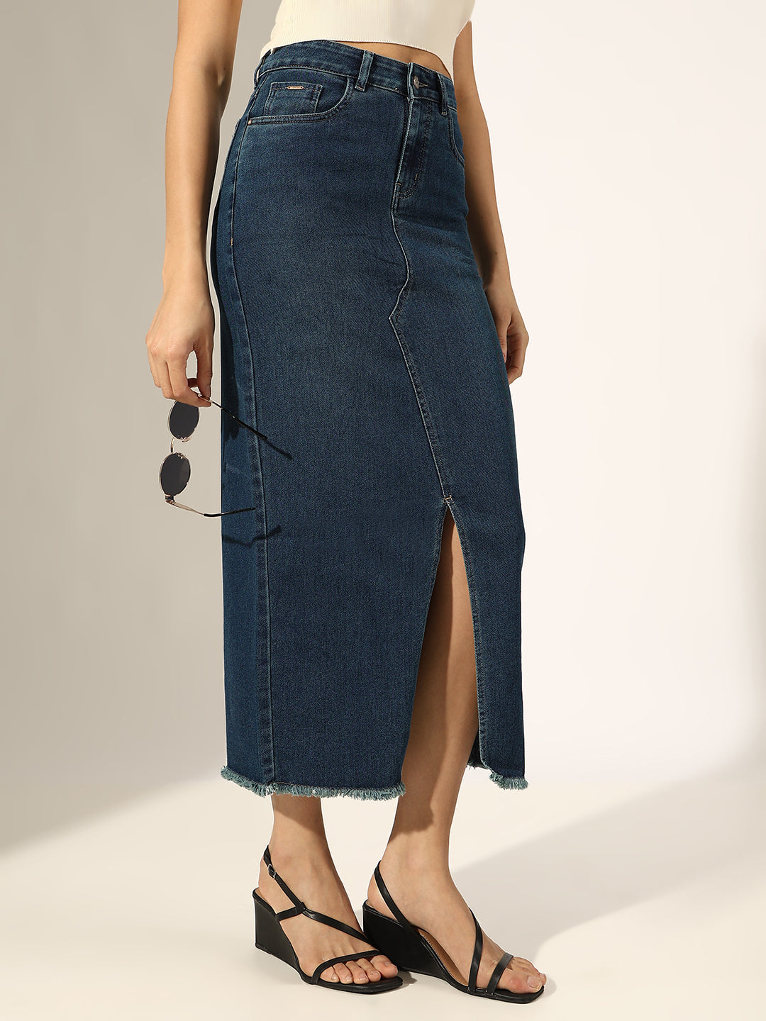 Women's Dark Blue Front Slit Frayed Hem Denim Skirt