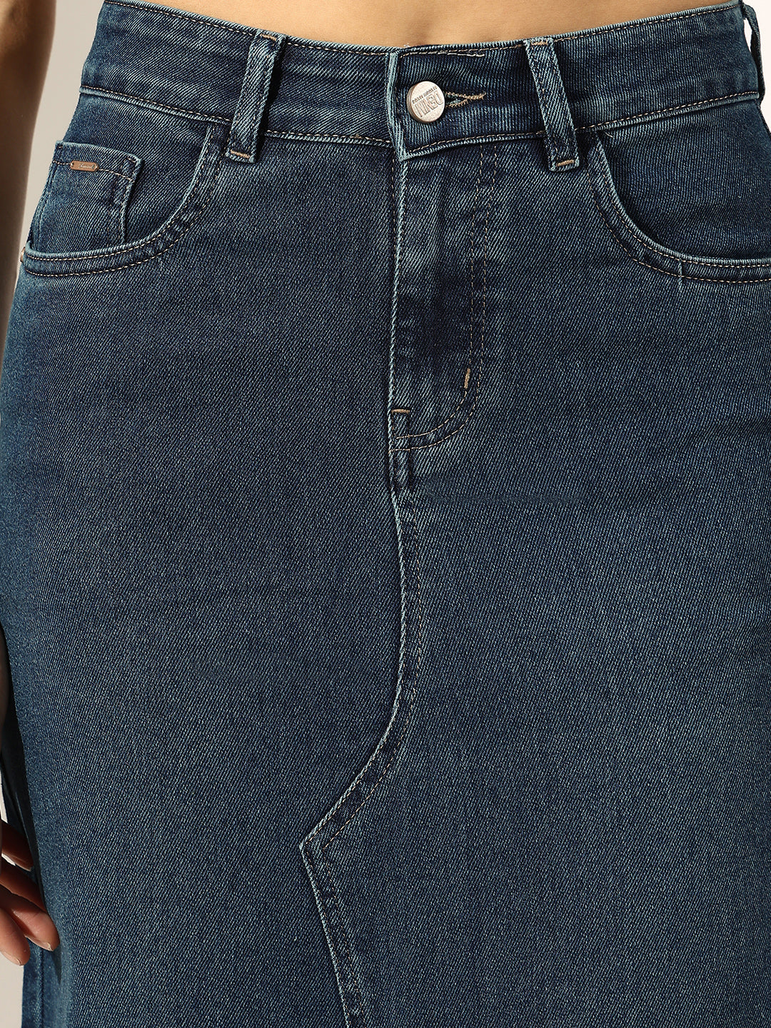 Women's Dark Blue Front Slit Frayed Hem Denim Skirt