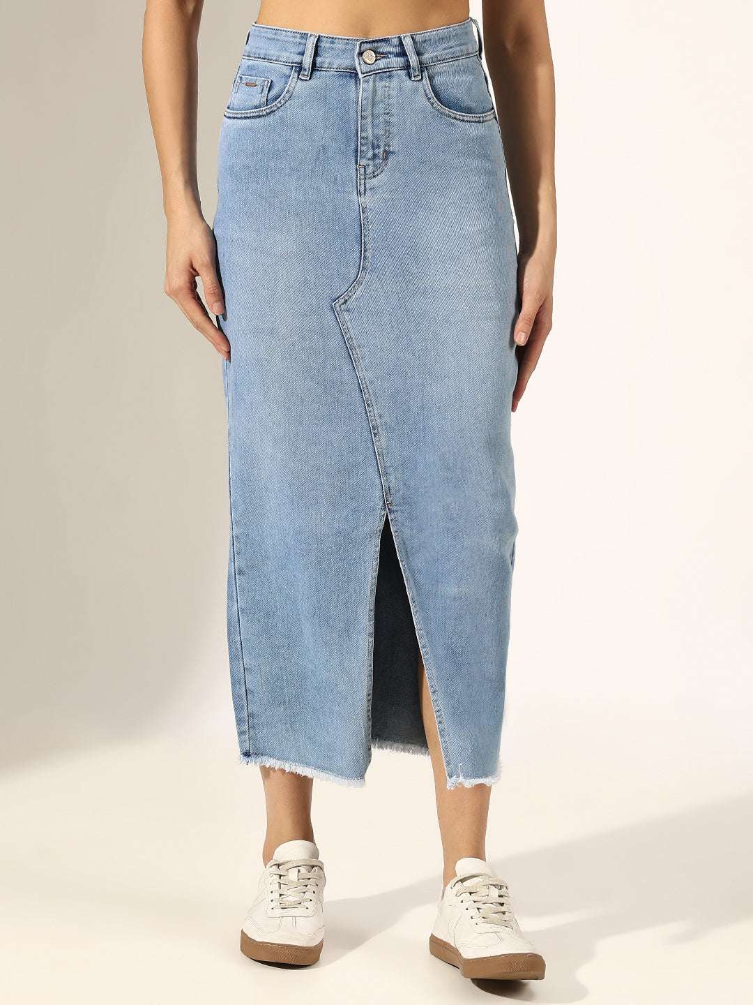 Women's Light Blue Front Slit Frayed Hem Denim Skirt