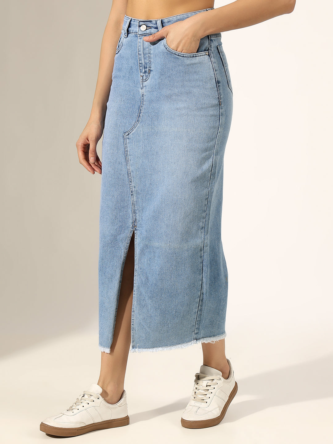 Women's Light Blue Front Slit Frayed Hem Denim Skirt