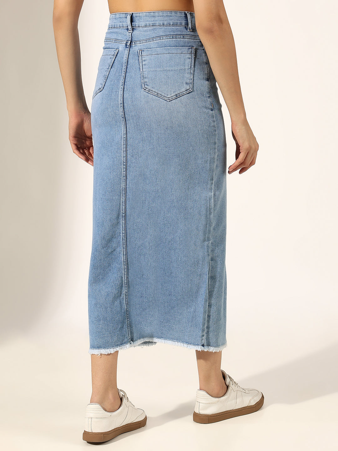 Women's Light Blue Front Slit Frayed Hem Denim Skirt