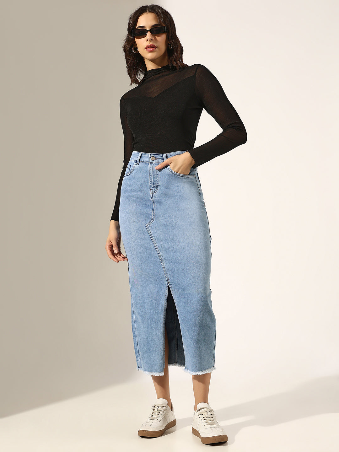 Women's Light Blue Front Slit Frayed Hem Denim Skirt