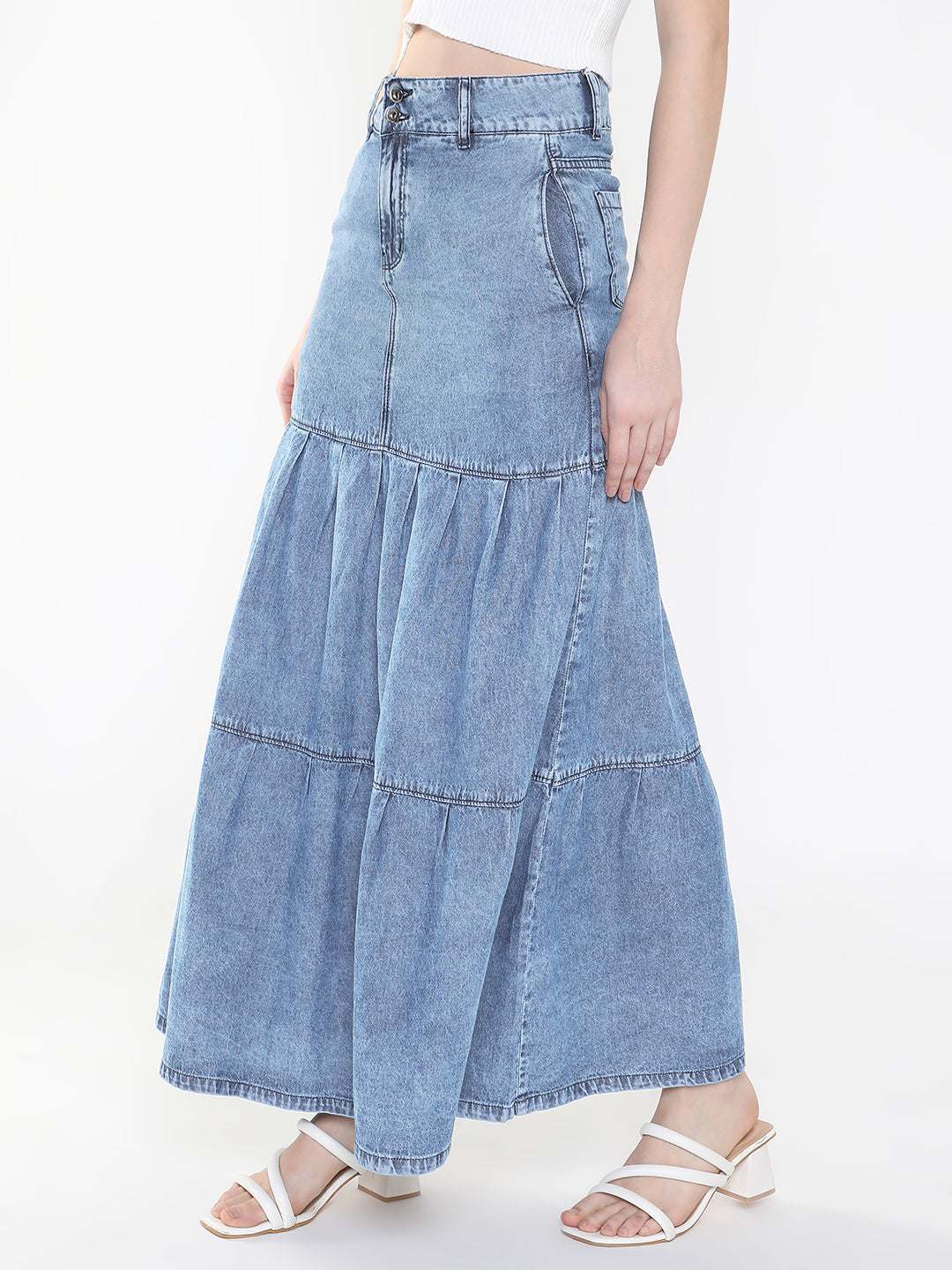Women's Blue Tiered Maxi Denim Skirt