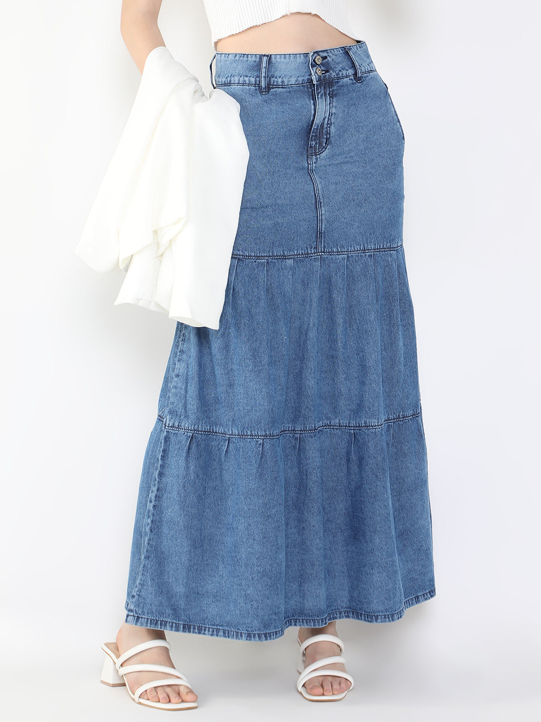 Women Solid Navy Blue Tiered Denim Skirt