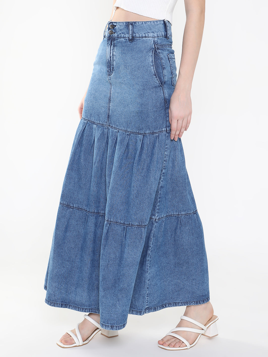 Women Solid Navy Blue Tiered Denim Skirt