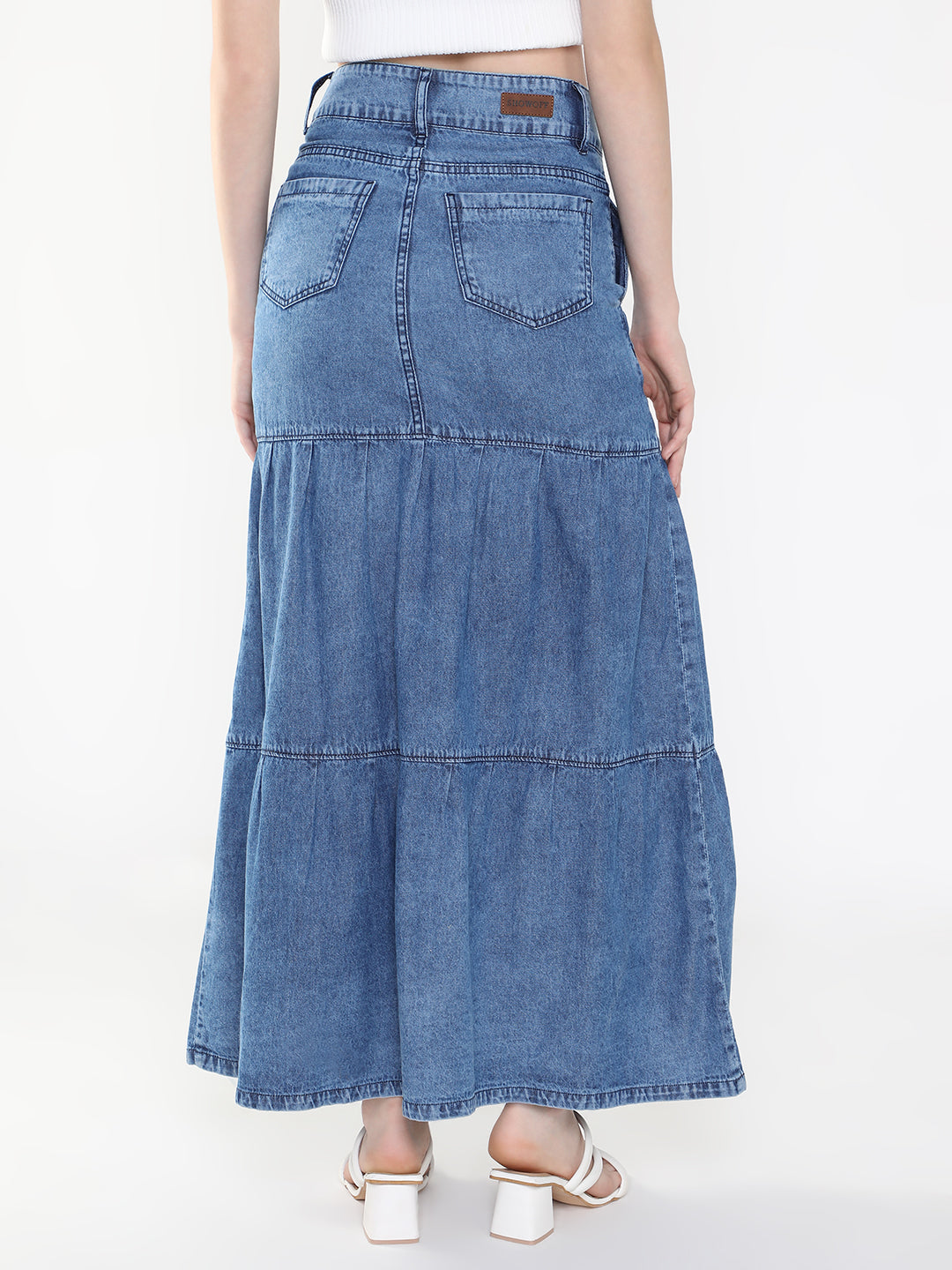 Women Solid Navy Blue Tiered Denim Skirt