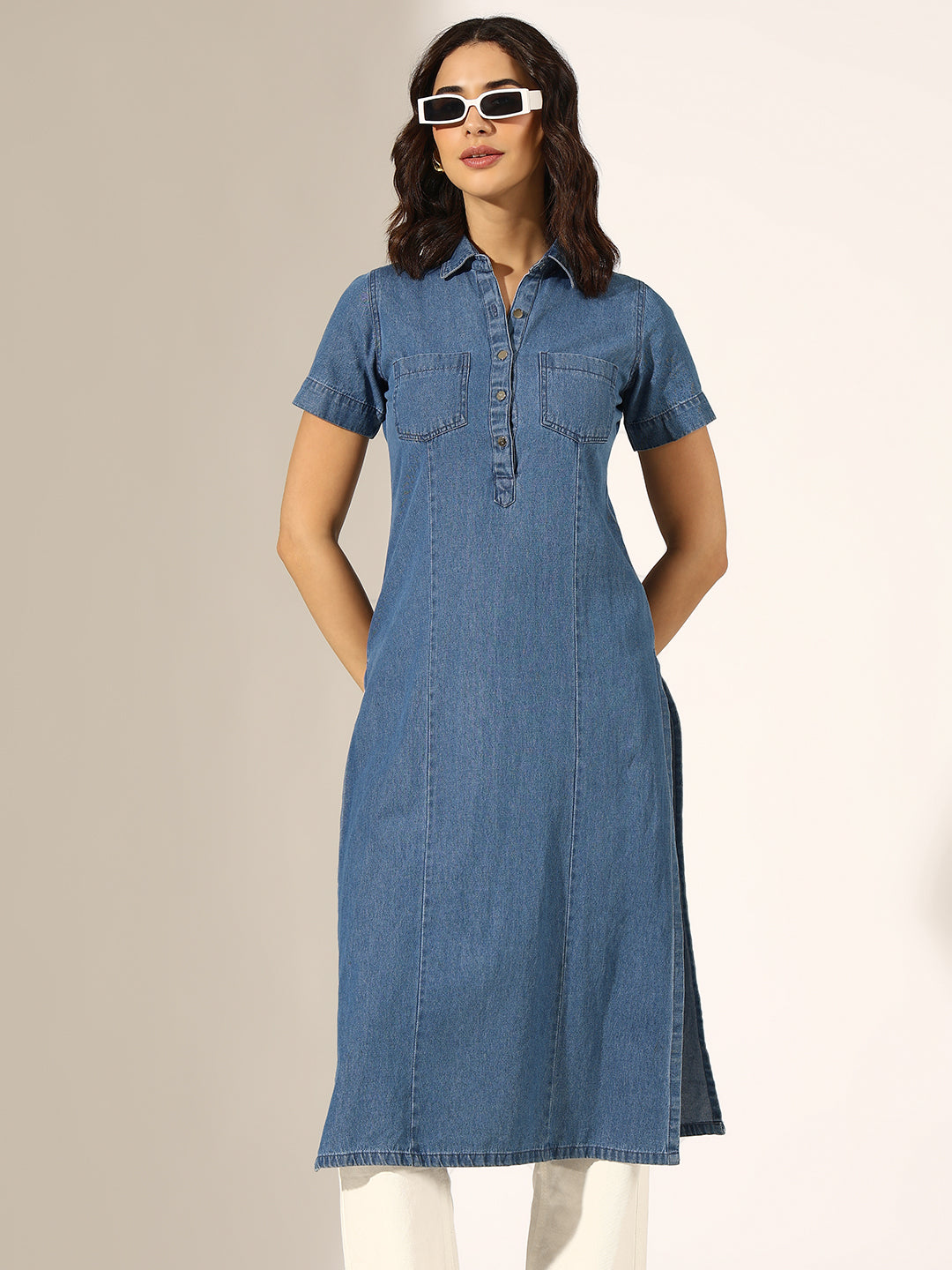 Women's Blue Denim Kurta with Shirt Collar Neck