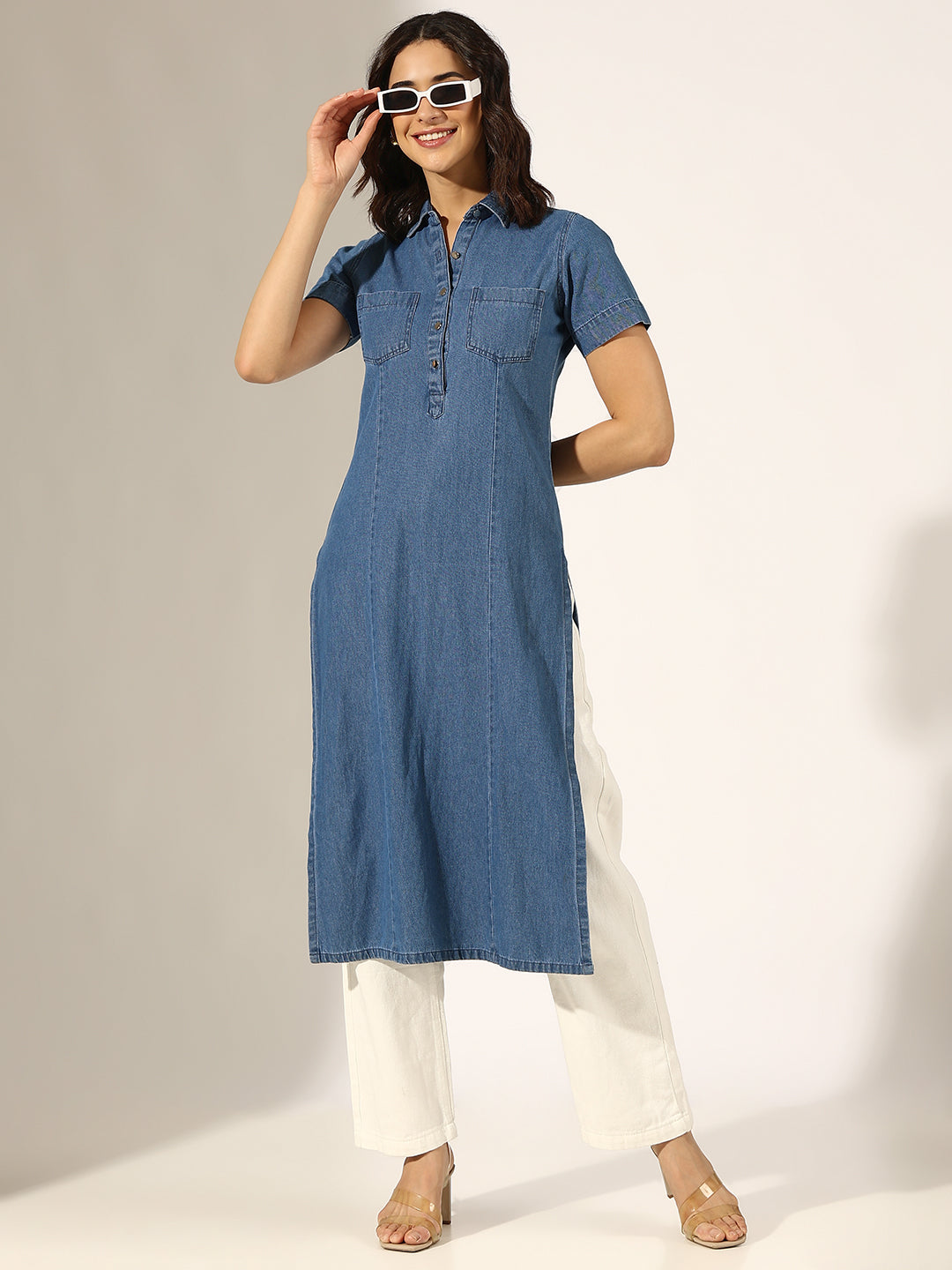 Women's Blue Denim Kurta with Shirt Collar Neck