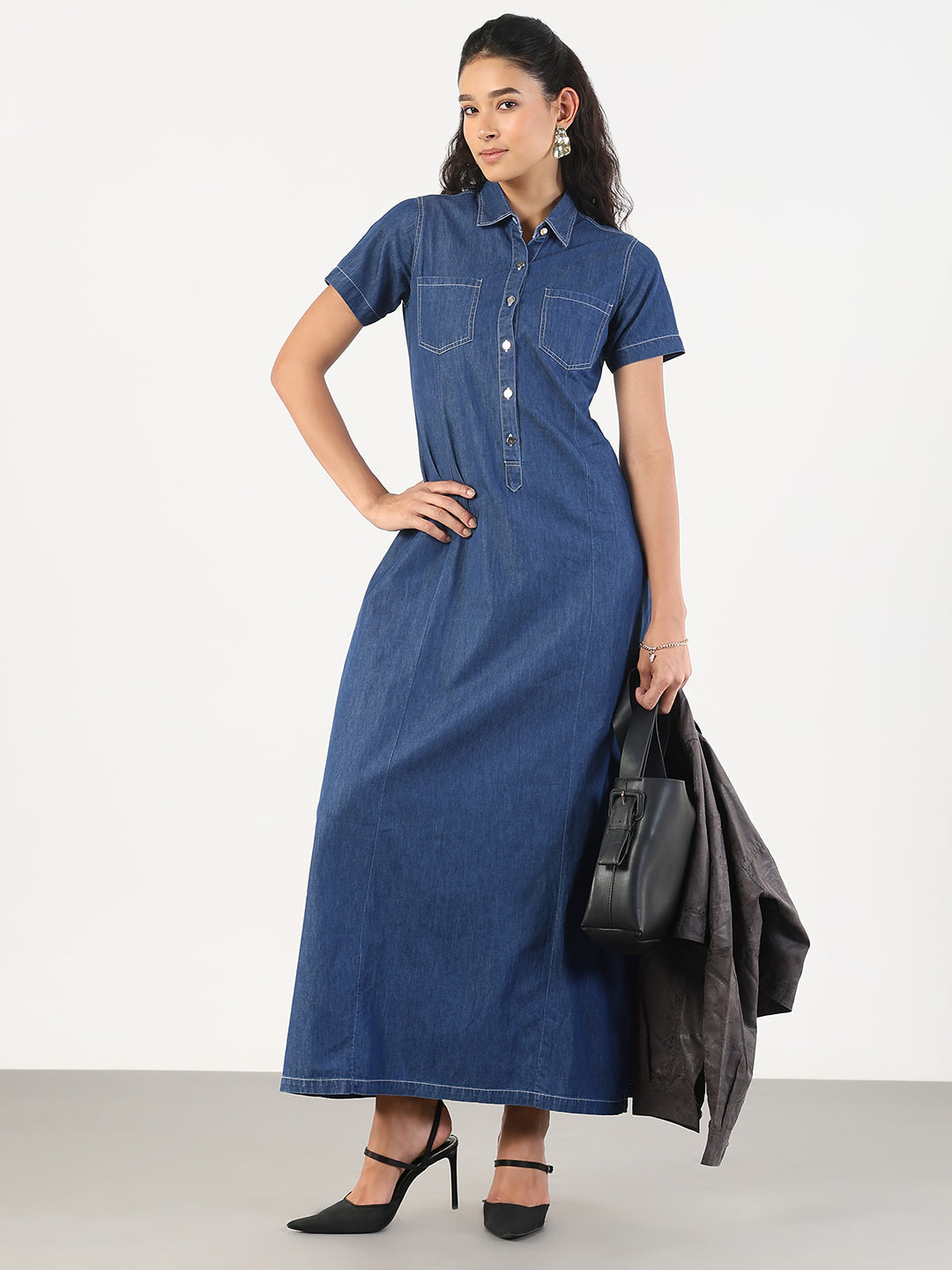 Women Solid Blue Denim A-Line Maxi Dress