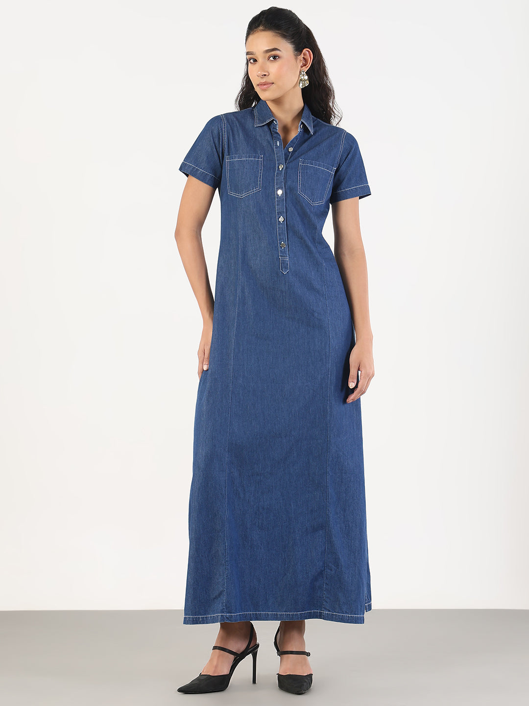 Women Solid Blue Denim A-Line Maxi Dress