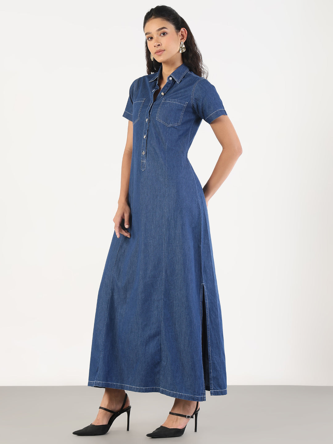 Women Solid Blue Denim A-Line Maxi Dress