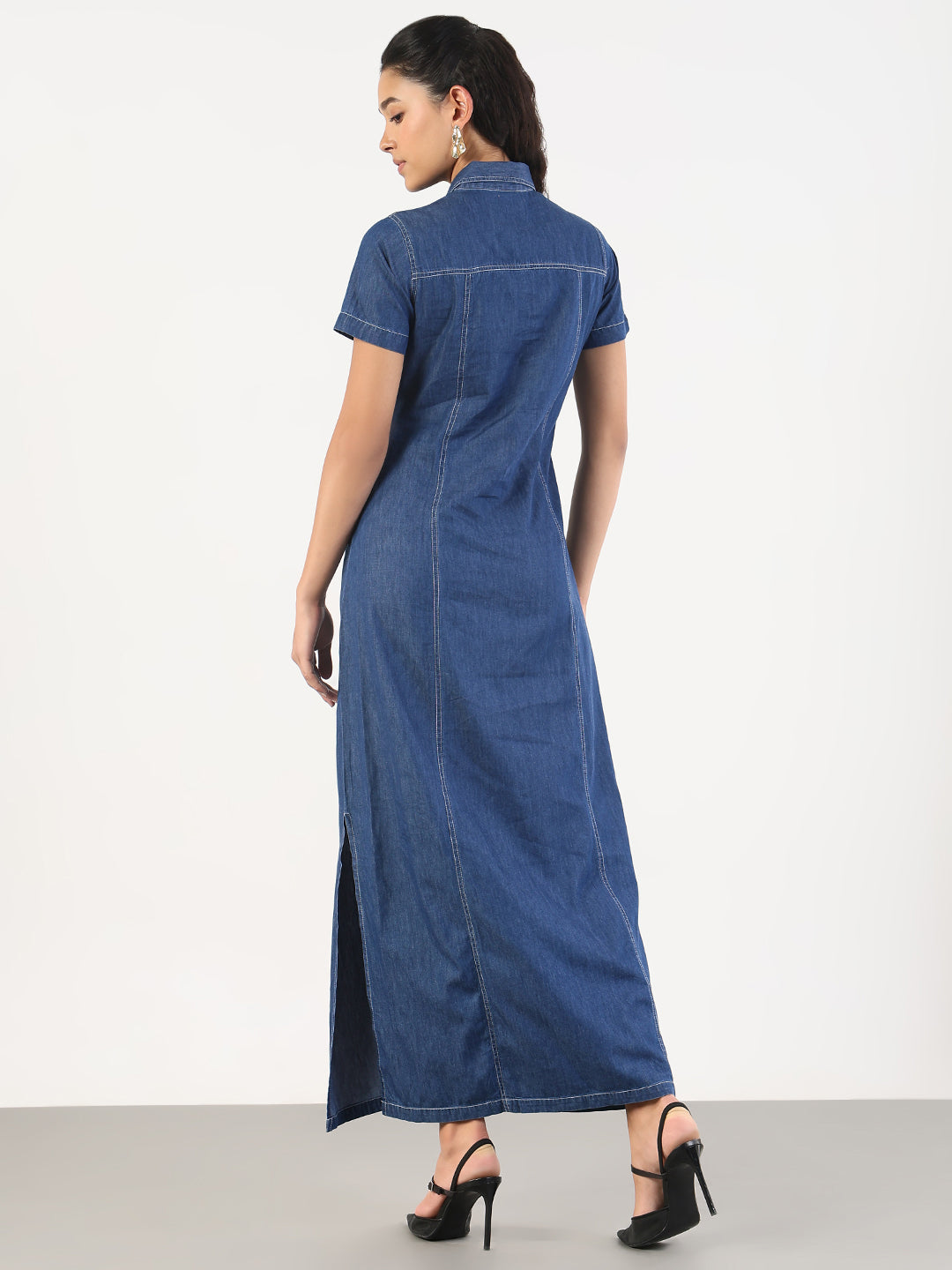 Women Solid Blue Denim A-Line Maxi Dress