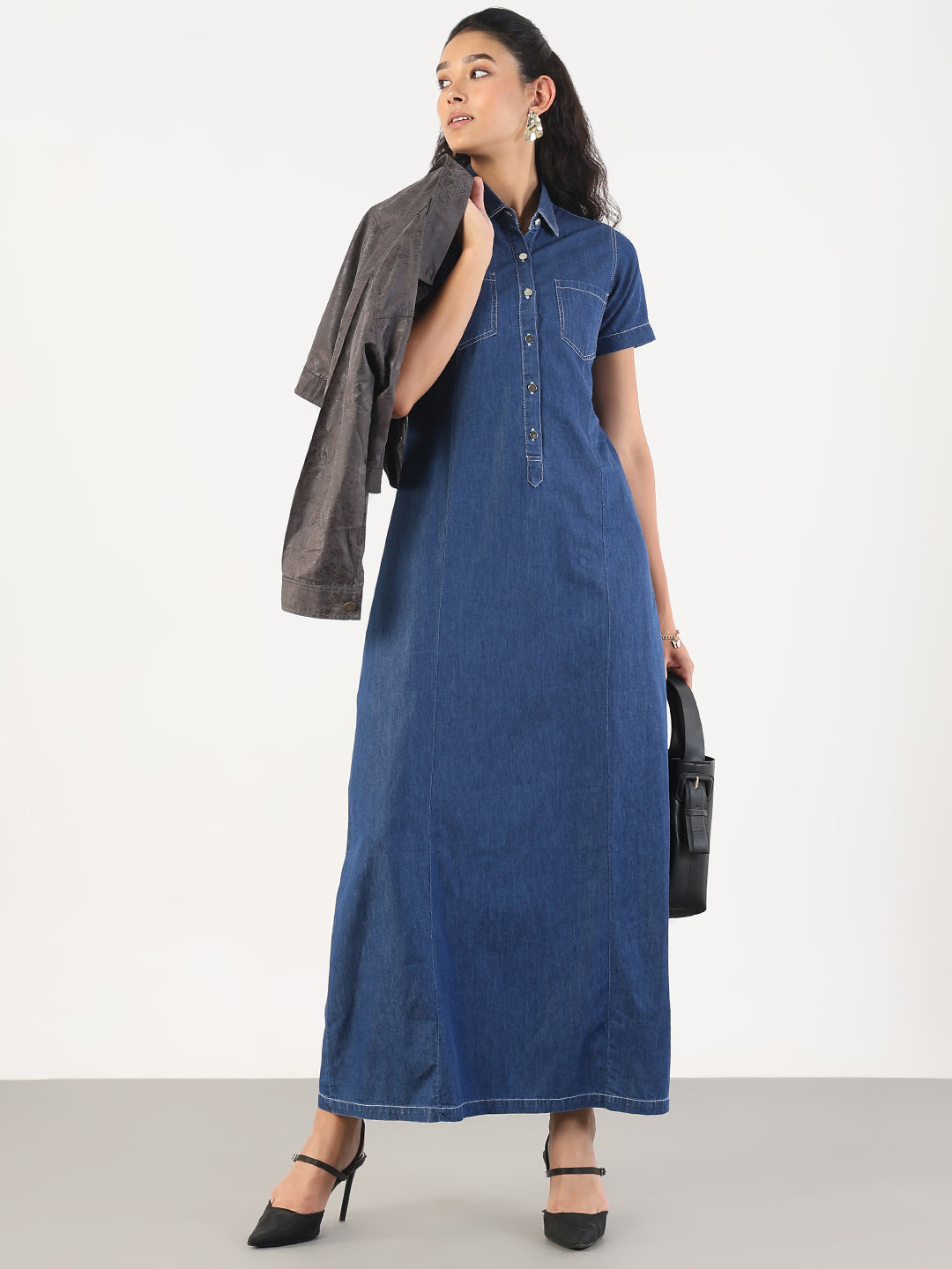 Women Solid Blue Denim A-Line Maxi Dress