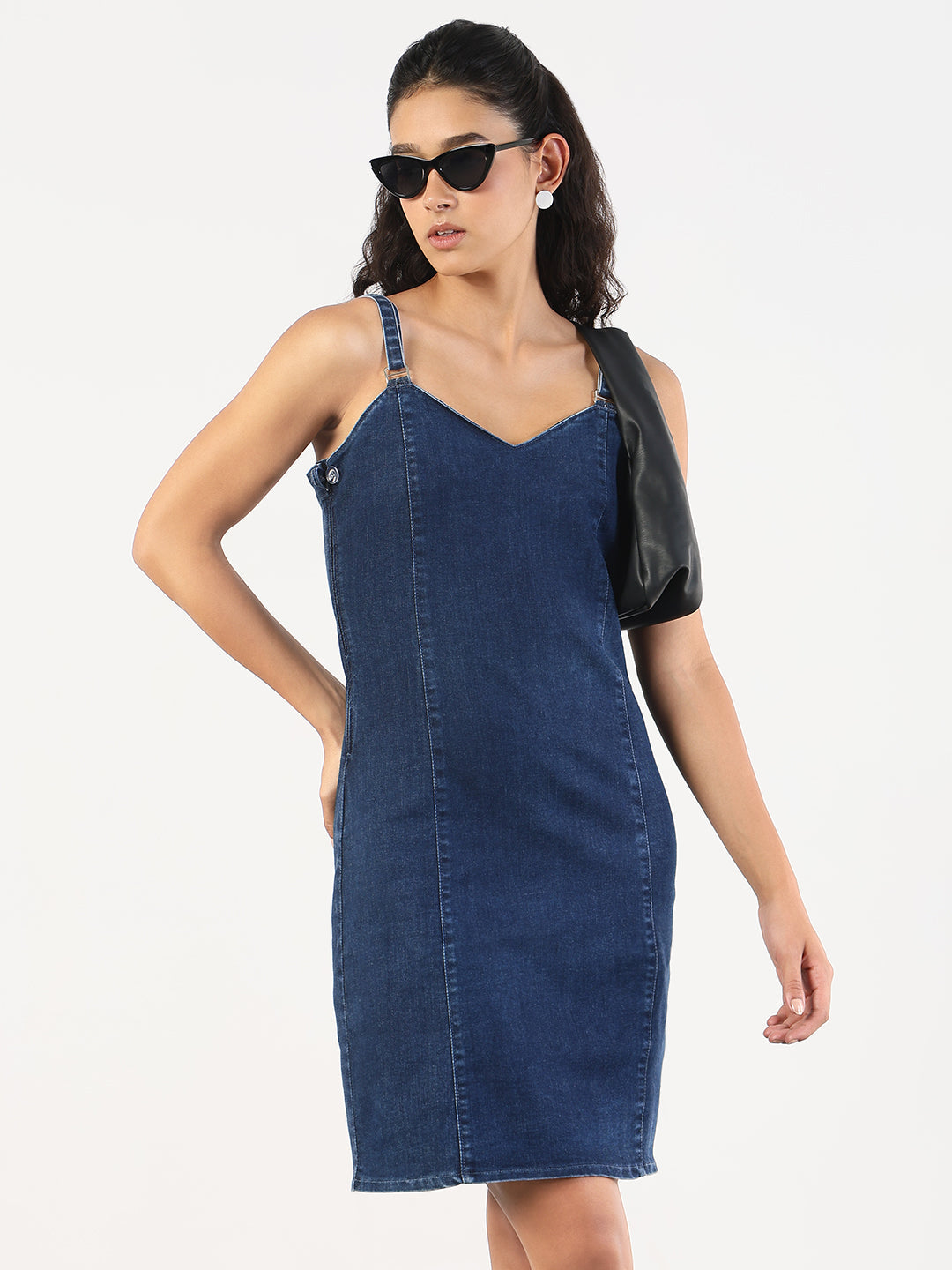 Women Solid Navy Blue Denim Pinafore Dress