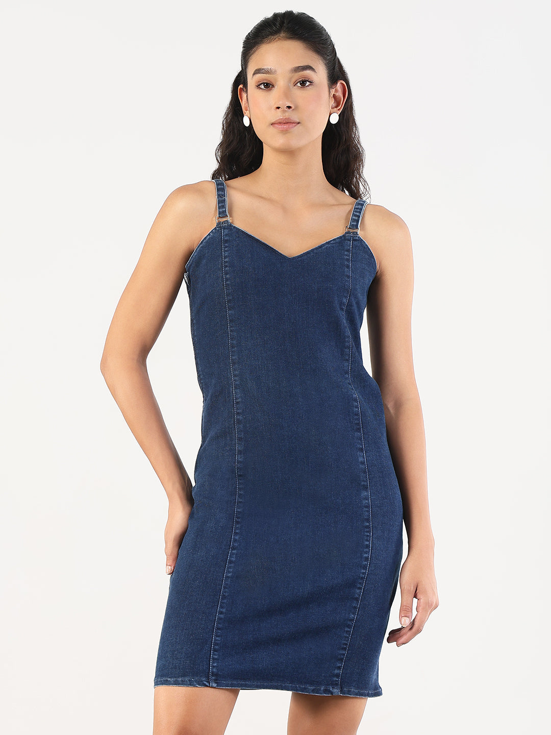 Women Solid Navy Blue Denim Pinafore Dress