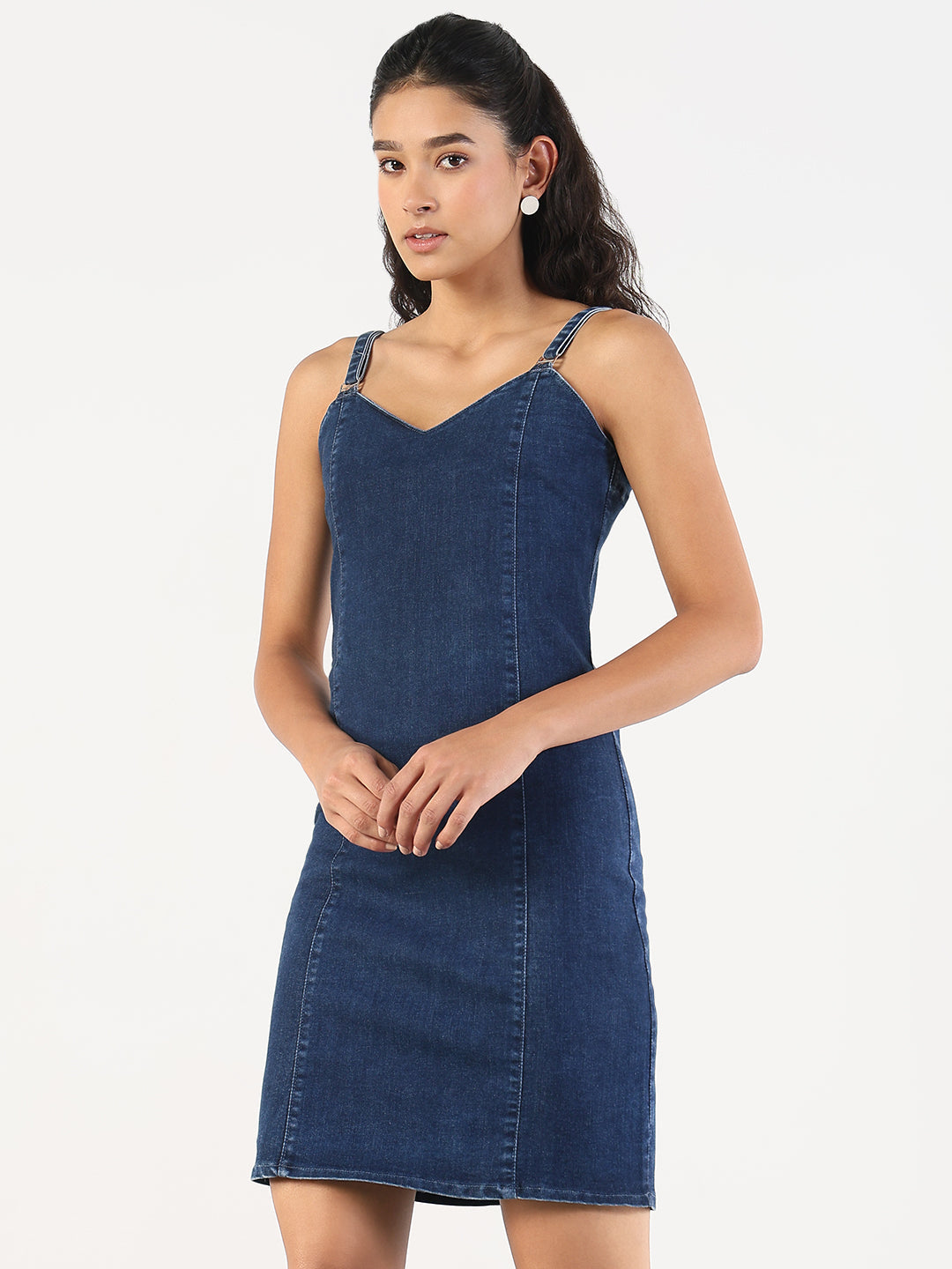 Women Solid Navy Blue Denim Pinafore Dress