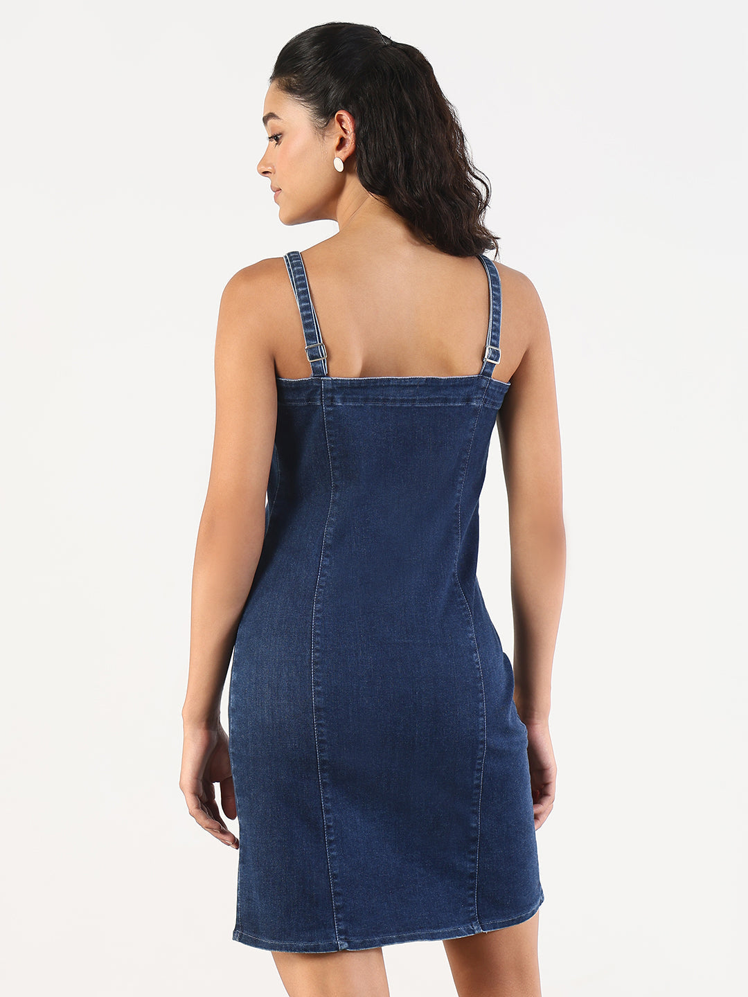 Women Solid Navy Blue Denim Pinafore Dress