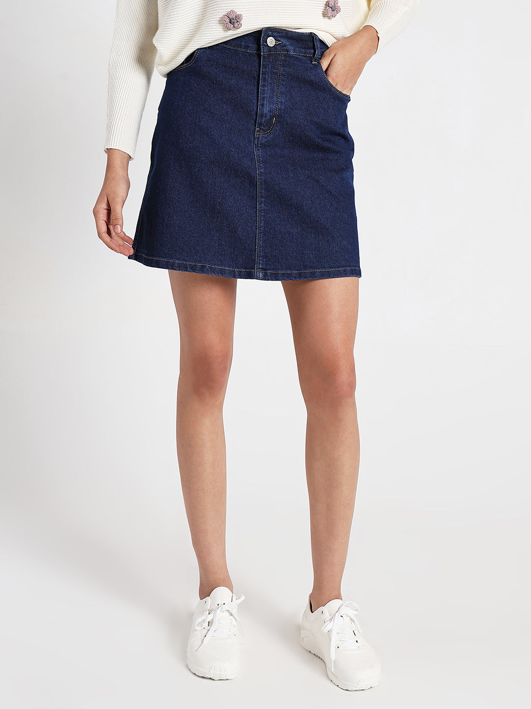 Women's Navy Blue Pencil Mini Denim Skirt