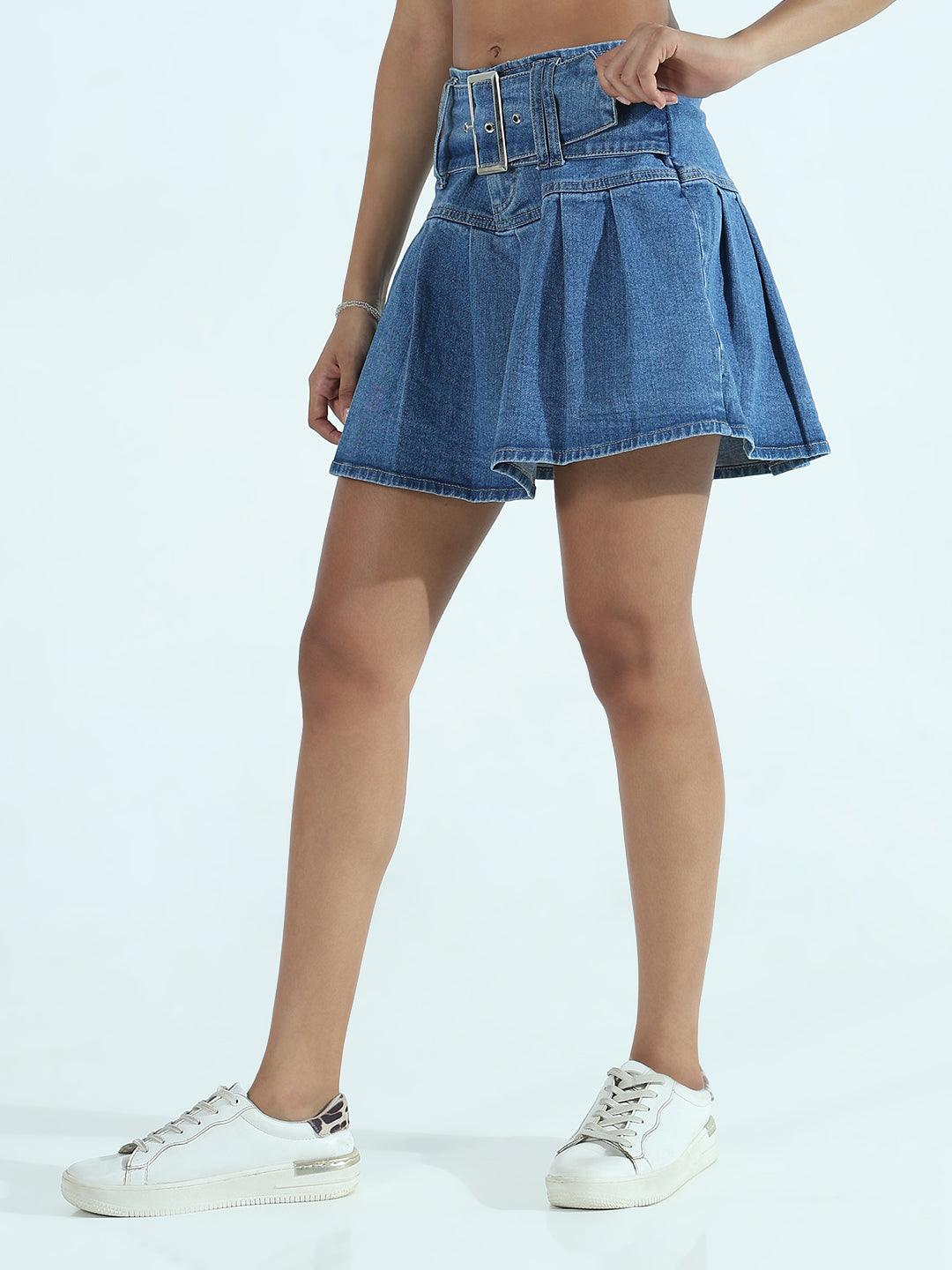 Women's Blue Solid Flared Mini Denim Skirt