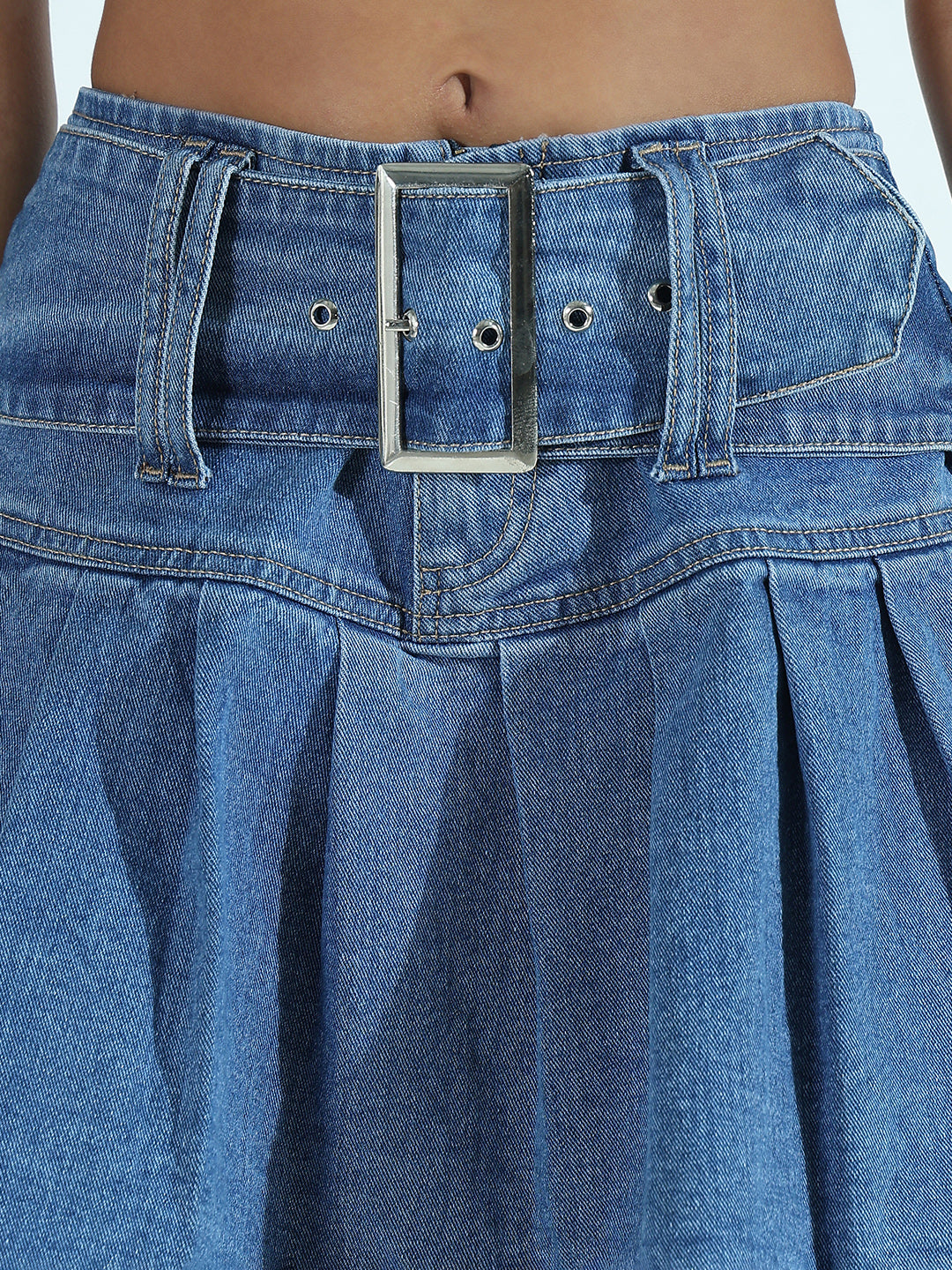 Women's Blue Solid Flared Mini Denim Skirt