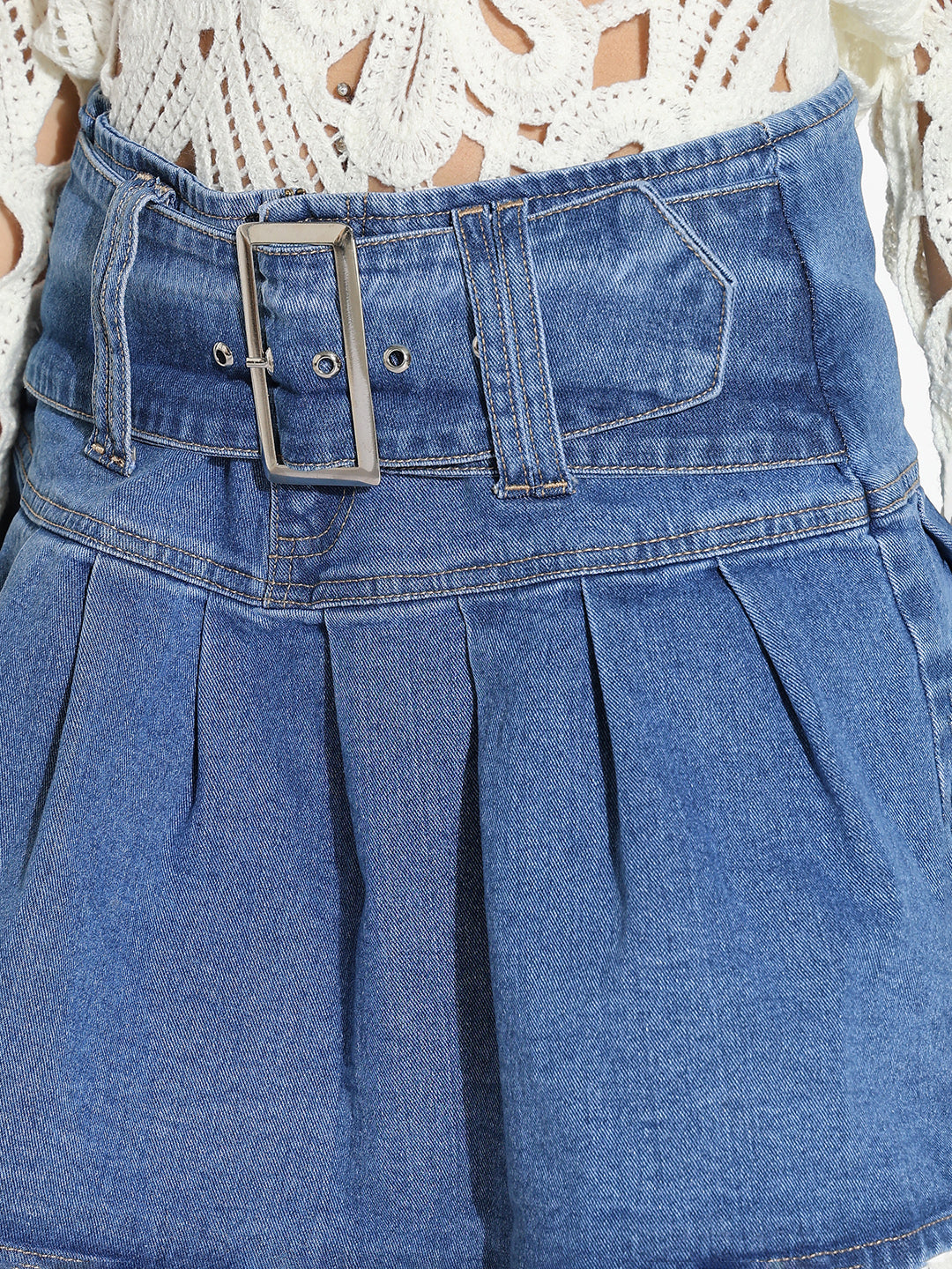 Women Blue Solid Flared Mini Denim Skirt