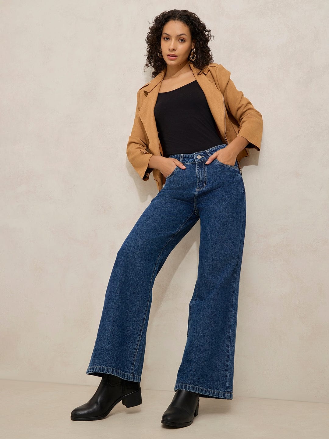Women's Navy Blue High Rise Wide Leg Jeans
