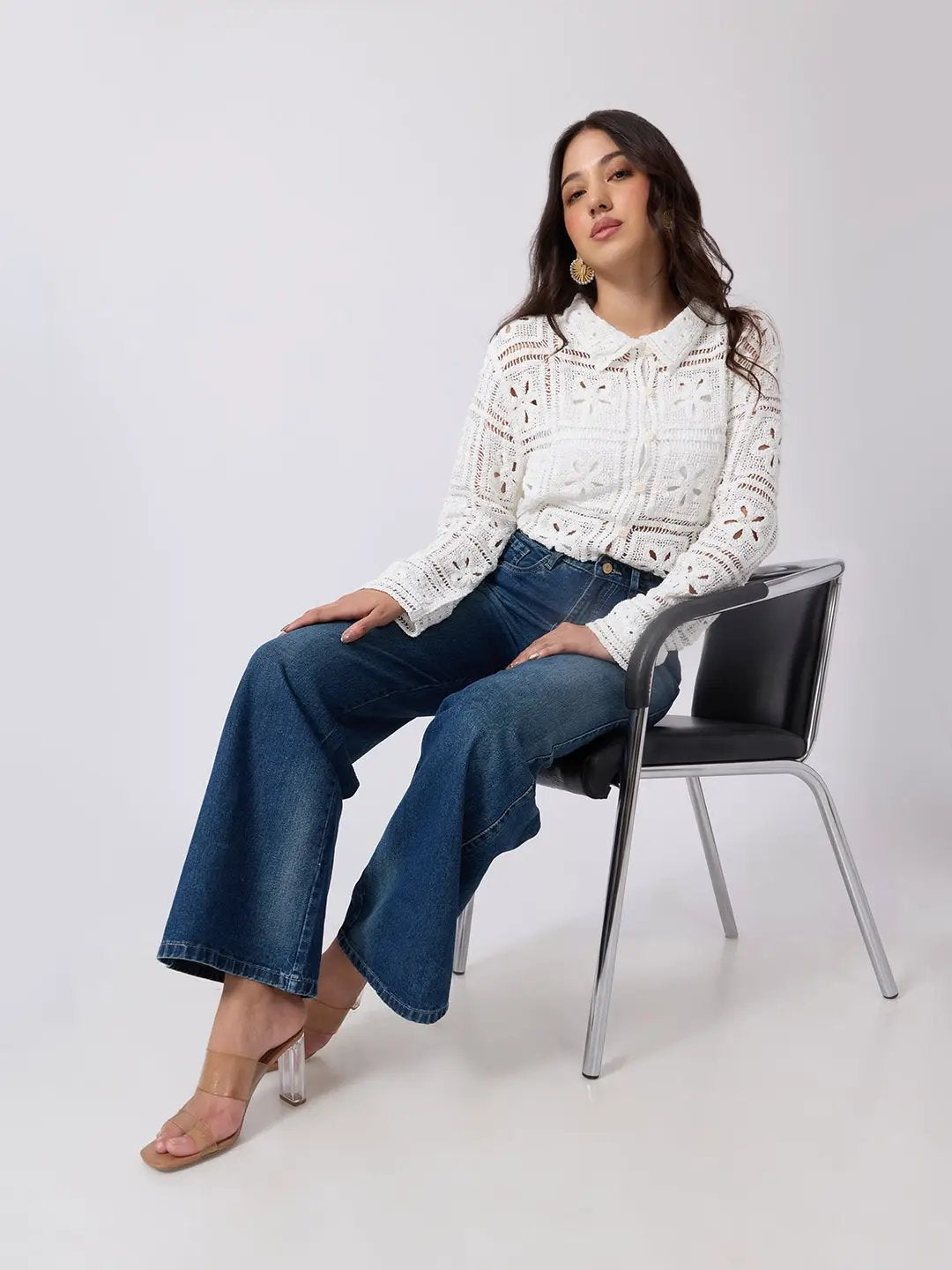Women's Blue High Rise Wide Leg Jeans with Five Pocket Styling and Straight Hem