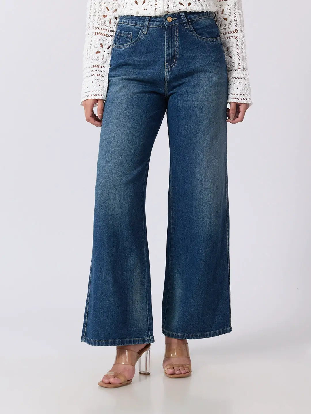Women's Blue High Rise Wide Leg Jeans with Five Pocket Styling and Straight Hem