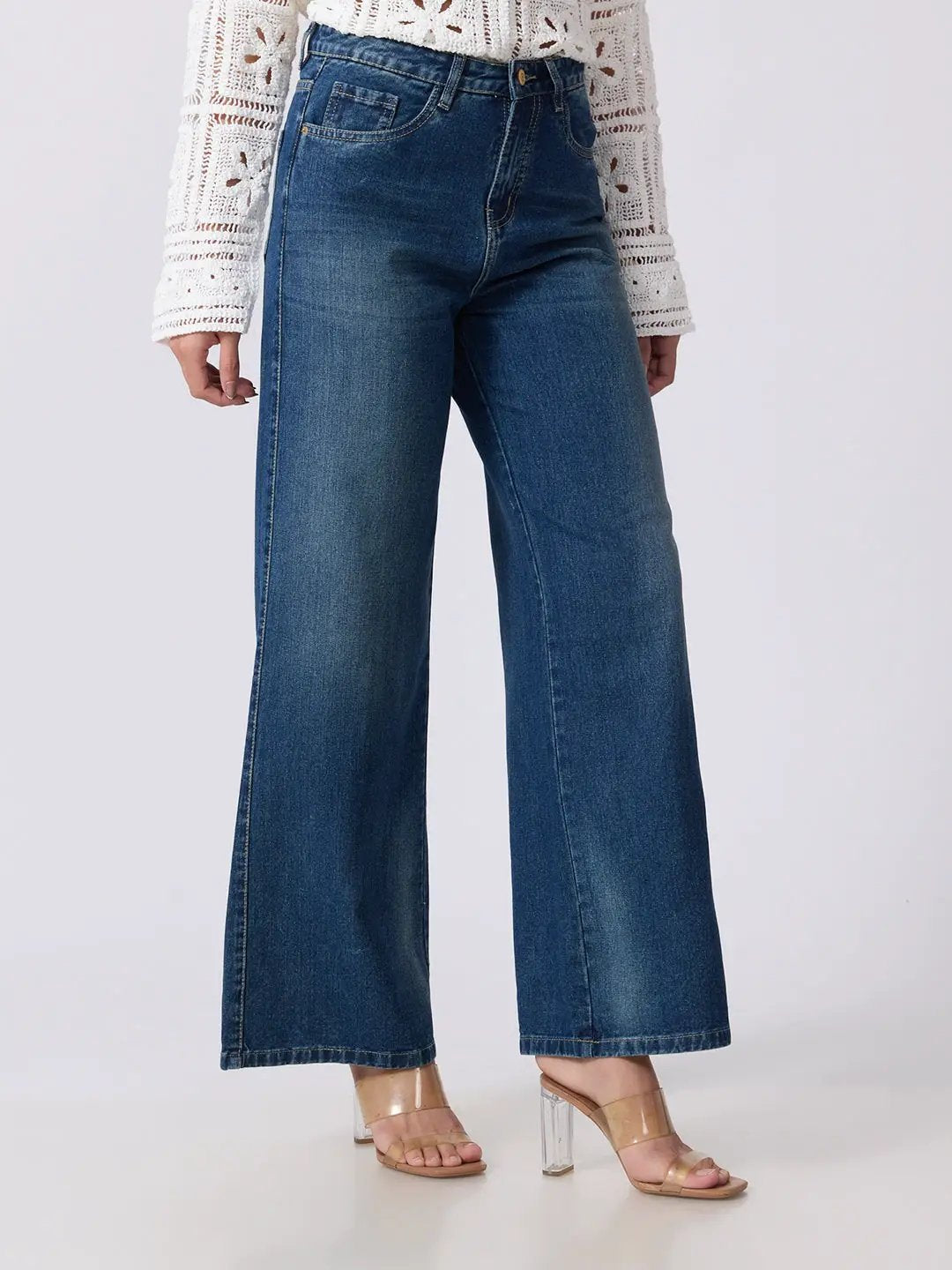 Women's Blue High Rise Wide Leg Jeans with Five Pocket Styling and Straight Hem