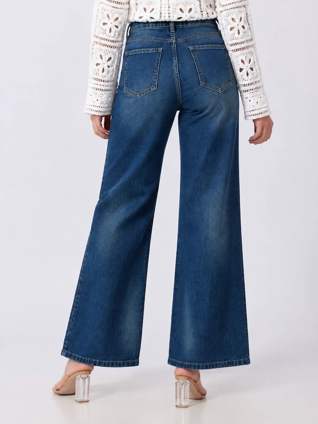 Women's Blue High Rise Wide Leg Jeans with Five Pocket Styling and Straight Hem