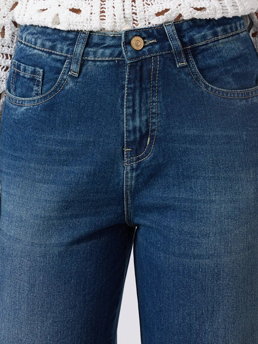 Women's Blue High Rise Wide Leg Jeans with Five Pocket Styling and Straight Hem