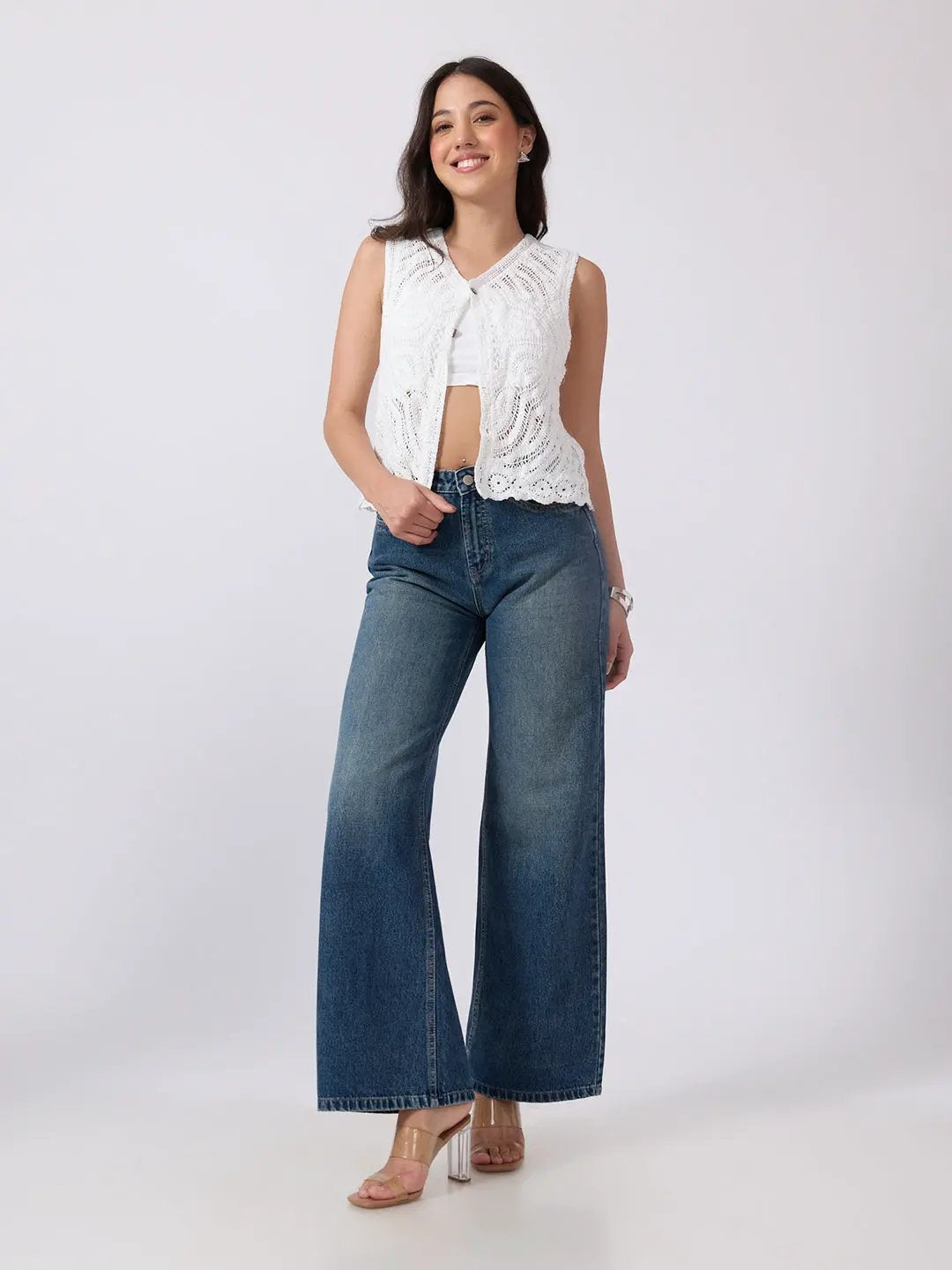 Women's Blue High Rise Wide Leg Jeans with Five Pocket Styling