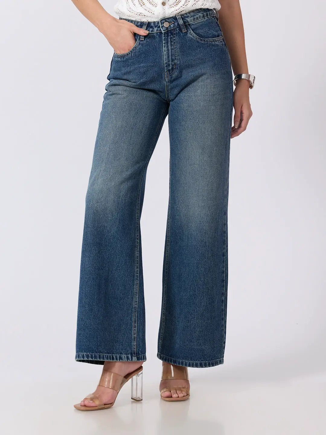 Women's Blue High Rise Wide Leg Jeans with Five Pocket Styling