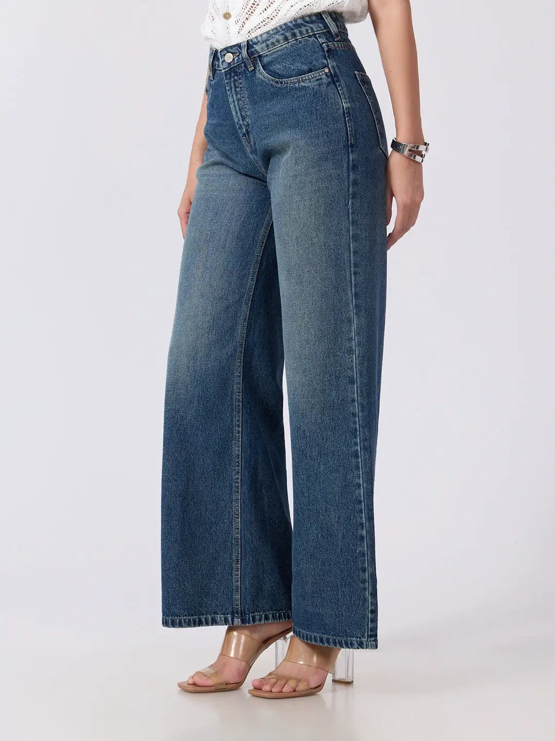 Women's Blue High Rise Wide Leg Jeans with Five Pocket Styling