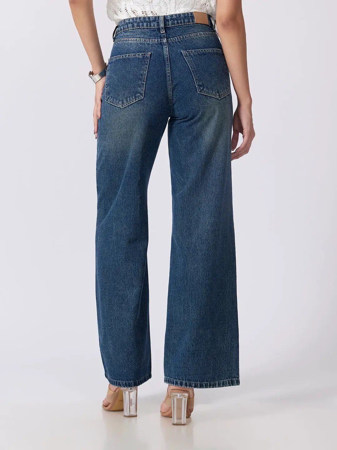 Women's Blue High Rise Wide Leg Jeans with Five Pocket Styling