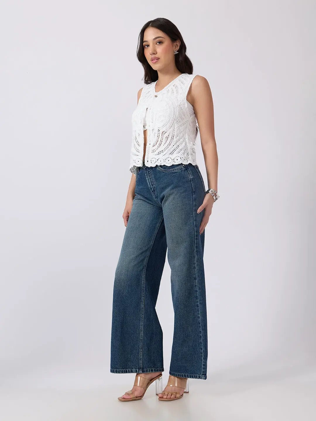 Women's Blue High Rise Wide Leg Jeans with Five Pocket Styling