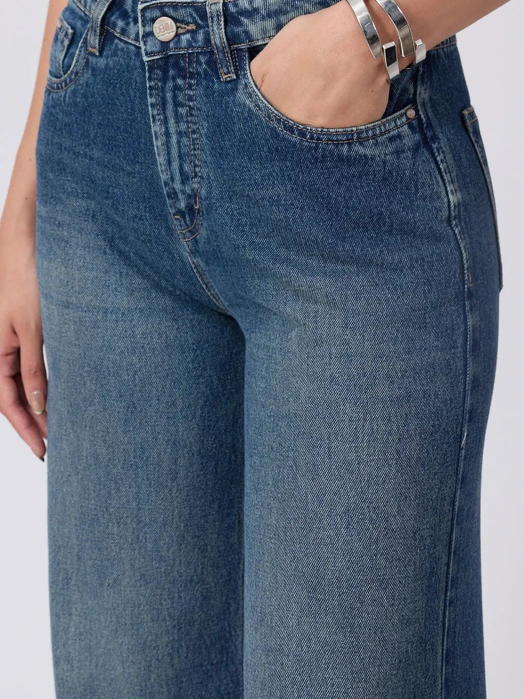 Women's Blue High Rise Wide Leg Jeans with Five Pocket Styling