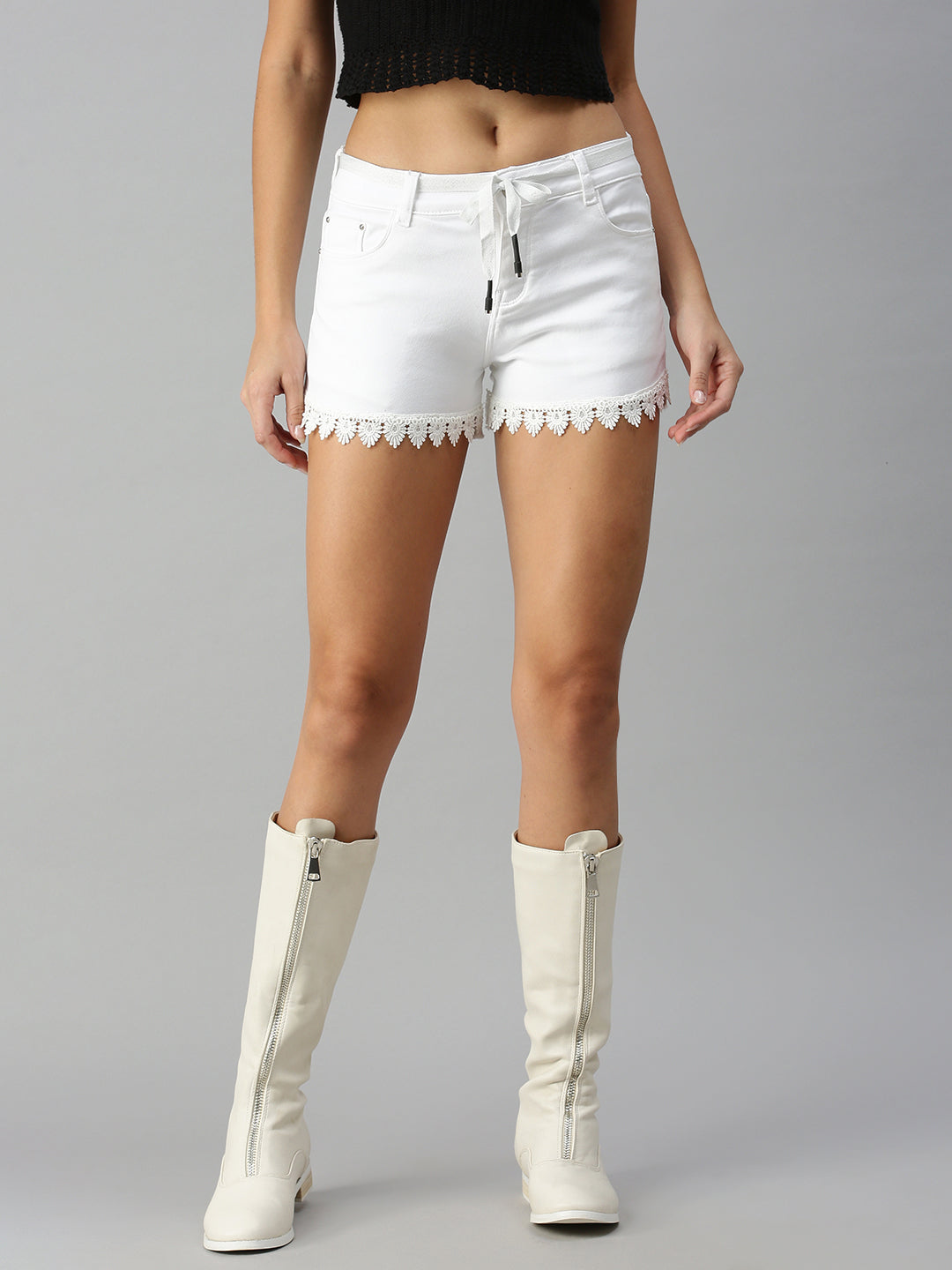 Women Solid White Above Knee Denim Shorts