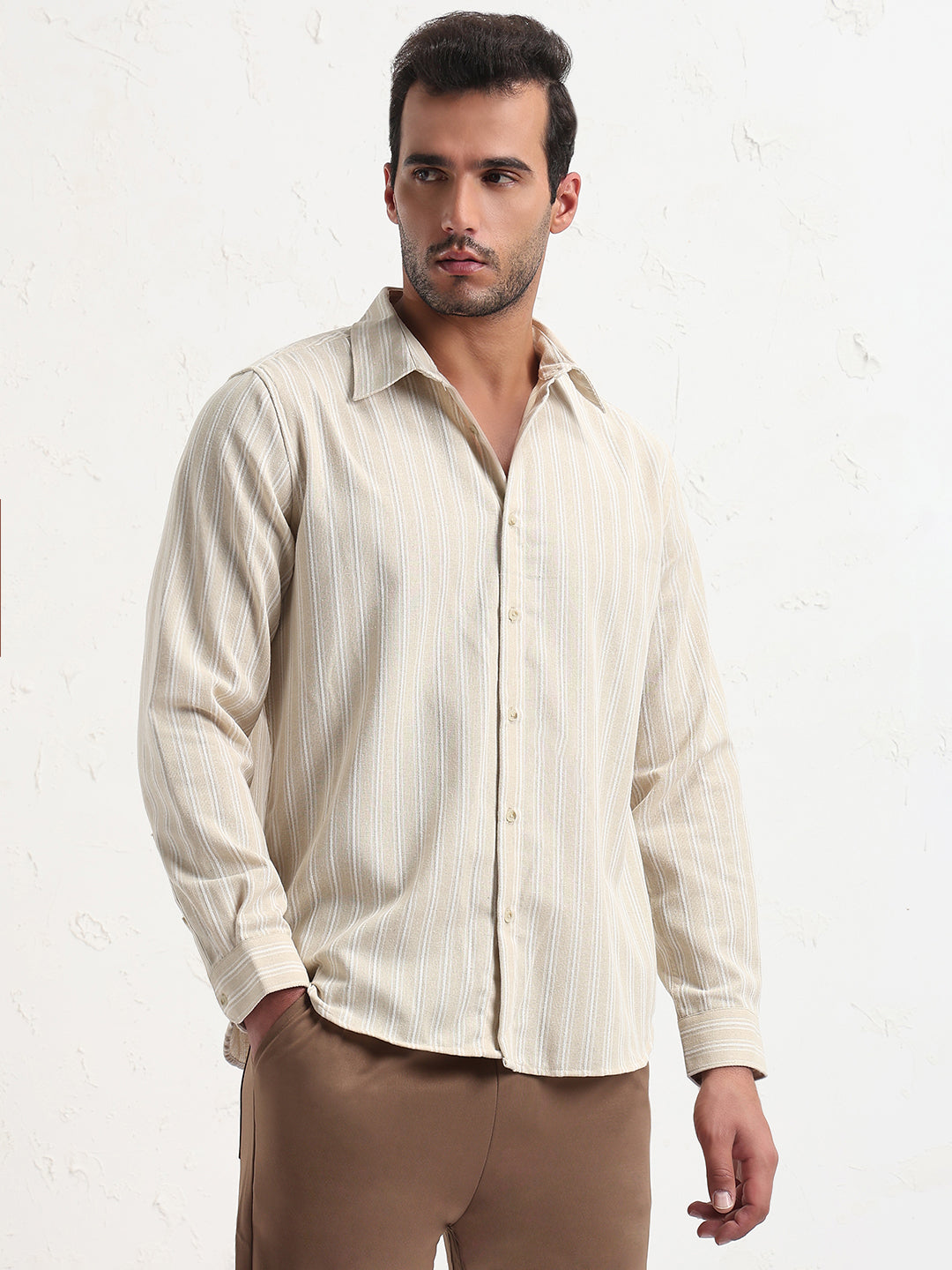 Men's Cream Striped Slim Fit Shirt