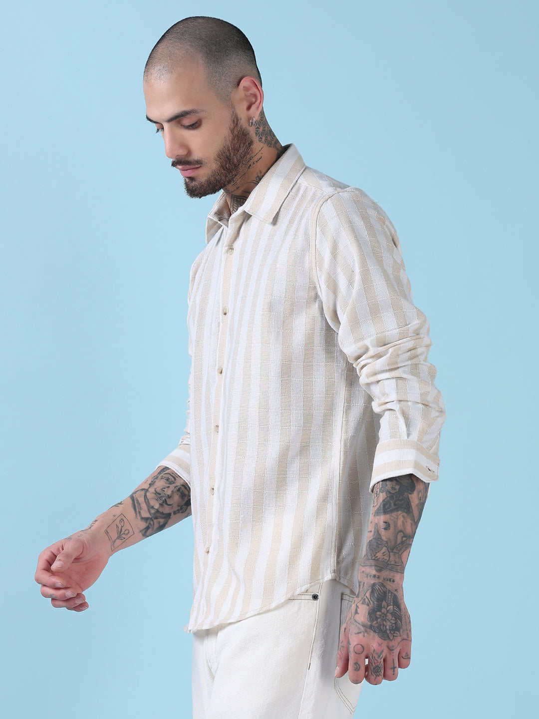 Men's Cream Striped Slim Fit Spread Collar Casual Shirt