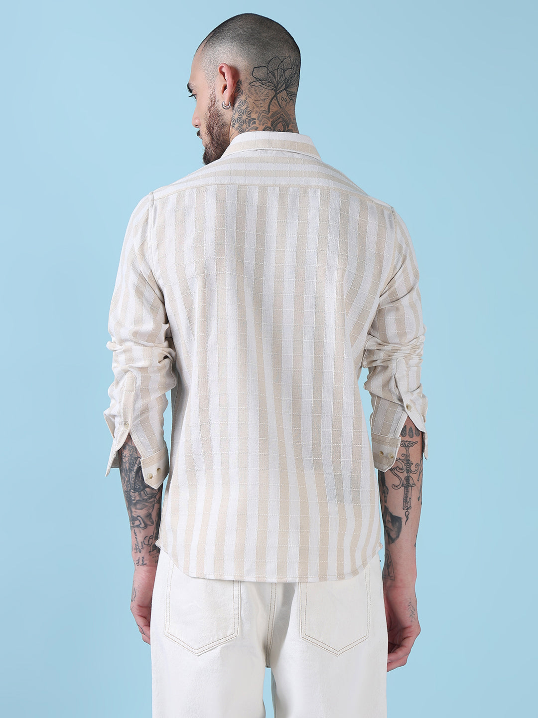 Men's Cream Striped Slim Fit Spread Collar Casual Shirt