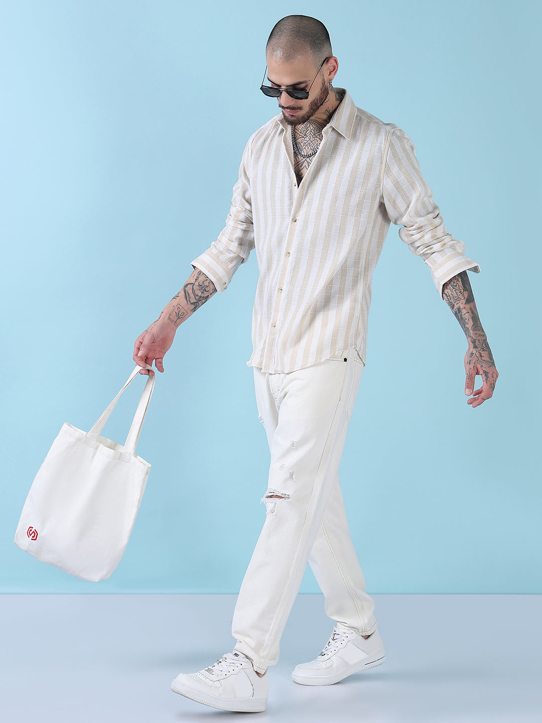 Men's Cream Striped Slim Fit Spread Collar Casual Shirt