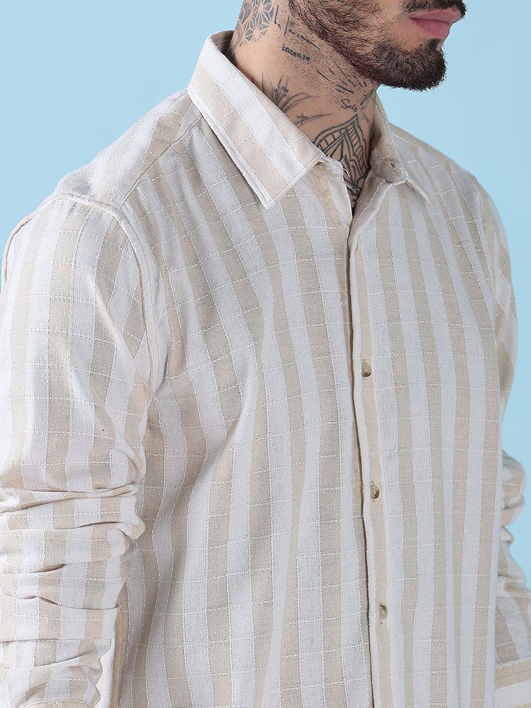 Men's Cream Striped Slim Fit Spread Collar Casual Shirt